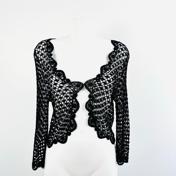 Vintage 90s Y2k Crochet Knit Shrug cropped Cardigan UK 10 12 Black Gothic Witch - Picture 8 of 8